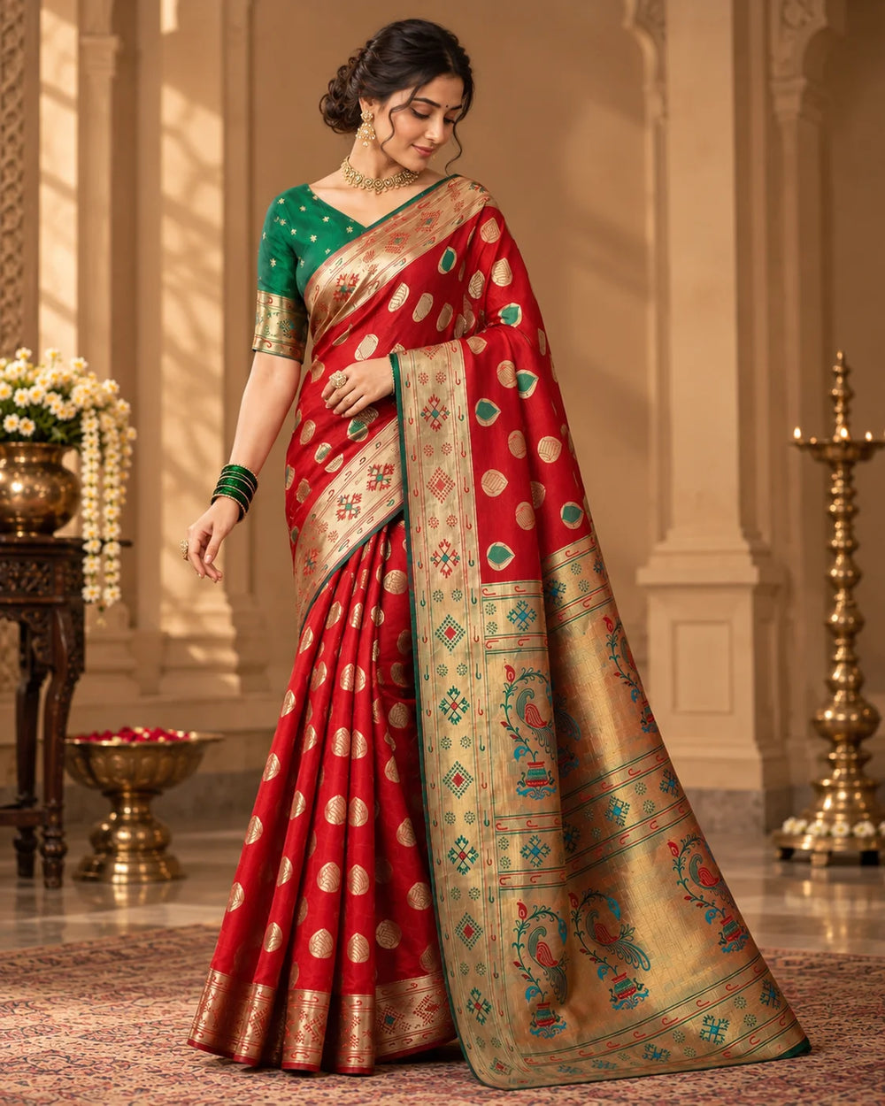 Maroon Red & Antique Gold Designer Woven Saree