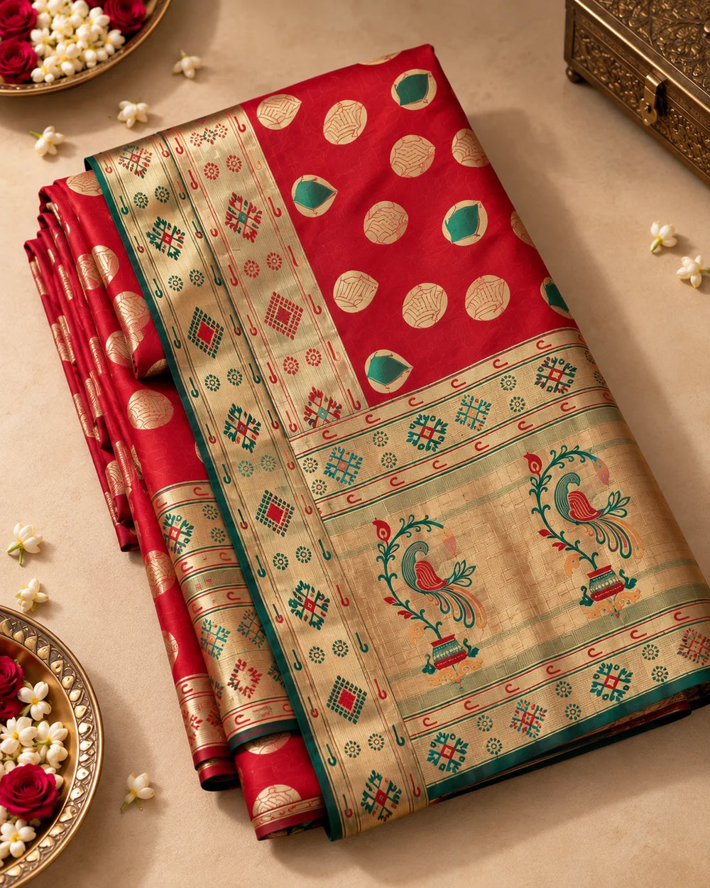 Maroon Red & Antique Gold Designer Woven Saree