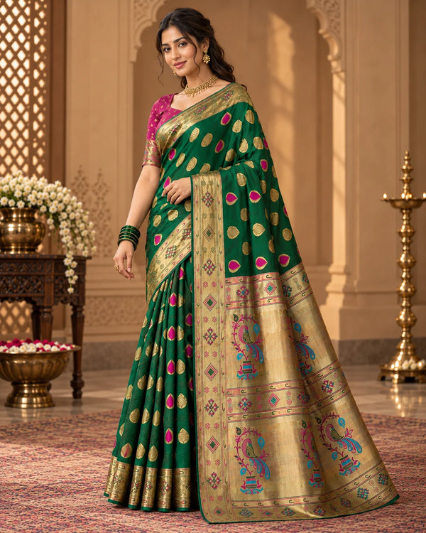 Emerald Green & Antique Gold Designer Woven Saree