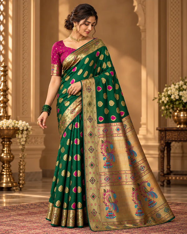 Emerald Green & Antique Gold Designer Woven Saree