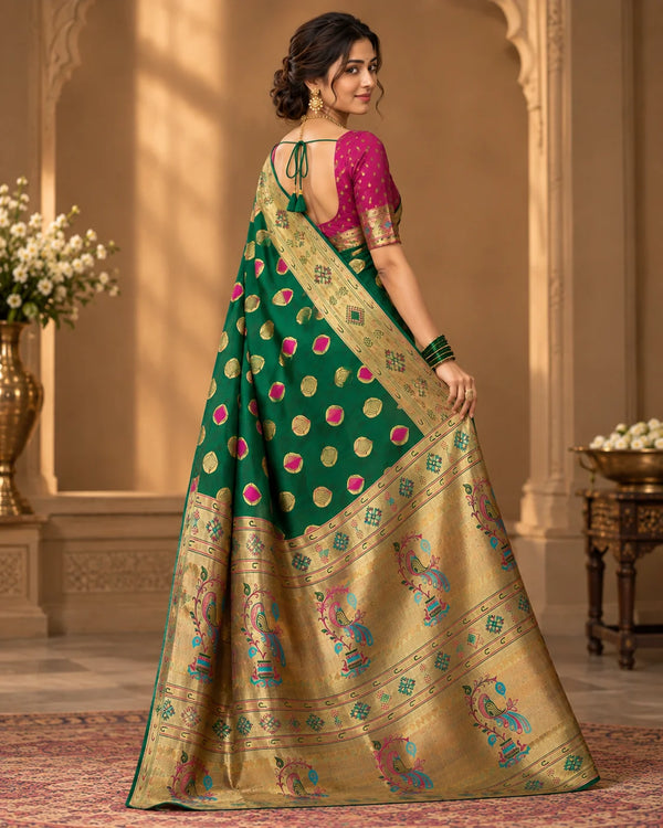 Emerald Green & Antique Gold Designer Woven Saree