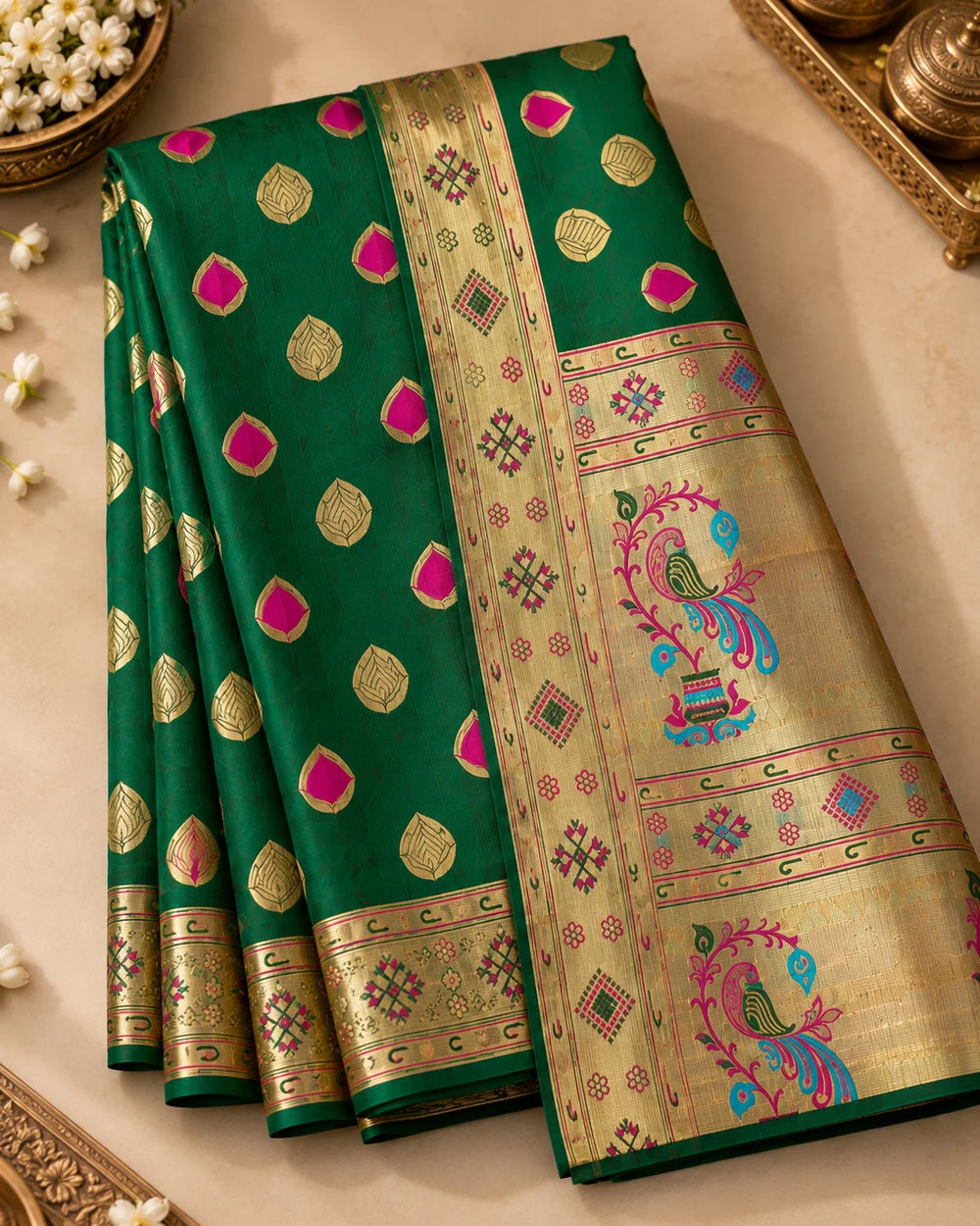 Emerald Green & Antique Gold Designer Woven Saree