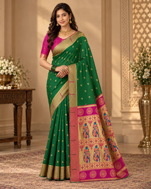 Elegant Bottle Green & Pink Woven Saree with Golden Motifs, Zari Border & Designer Peacock Pallu