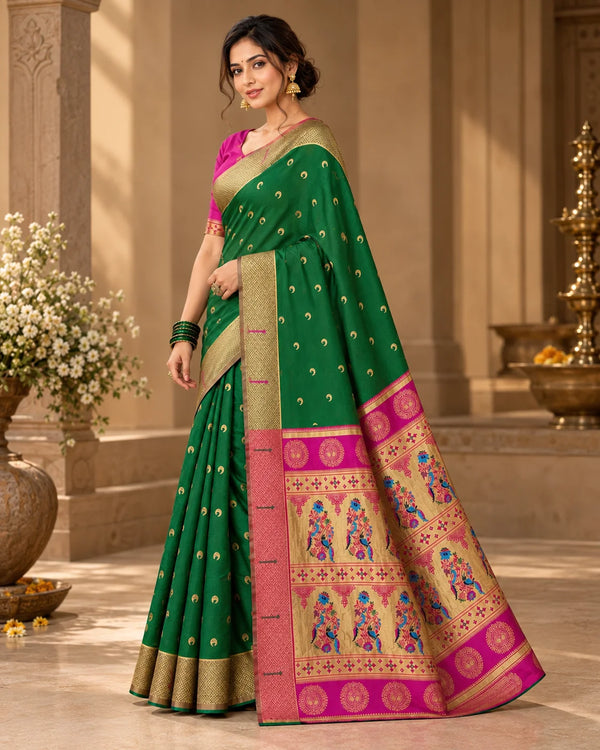 Elegant Bottle Green & Pink Woven Saree with Golden Motifs, Zari Border & Designer Peacock Pallu
