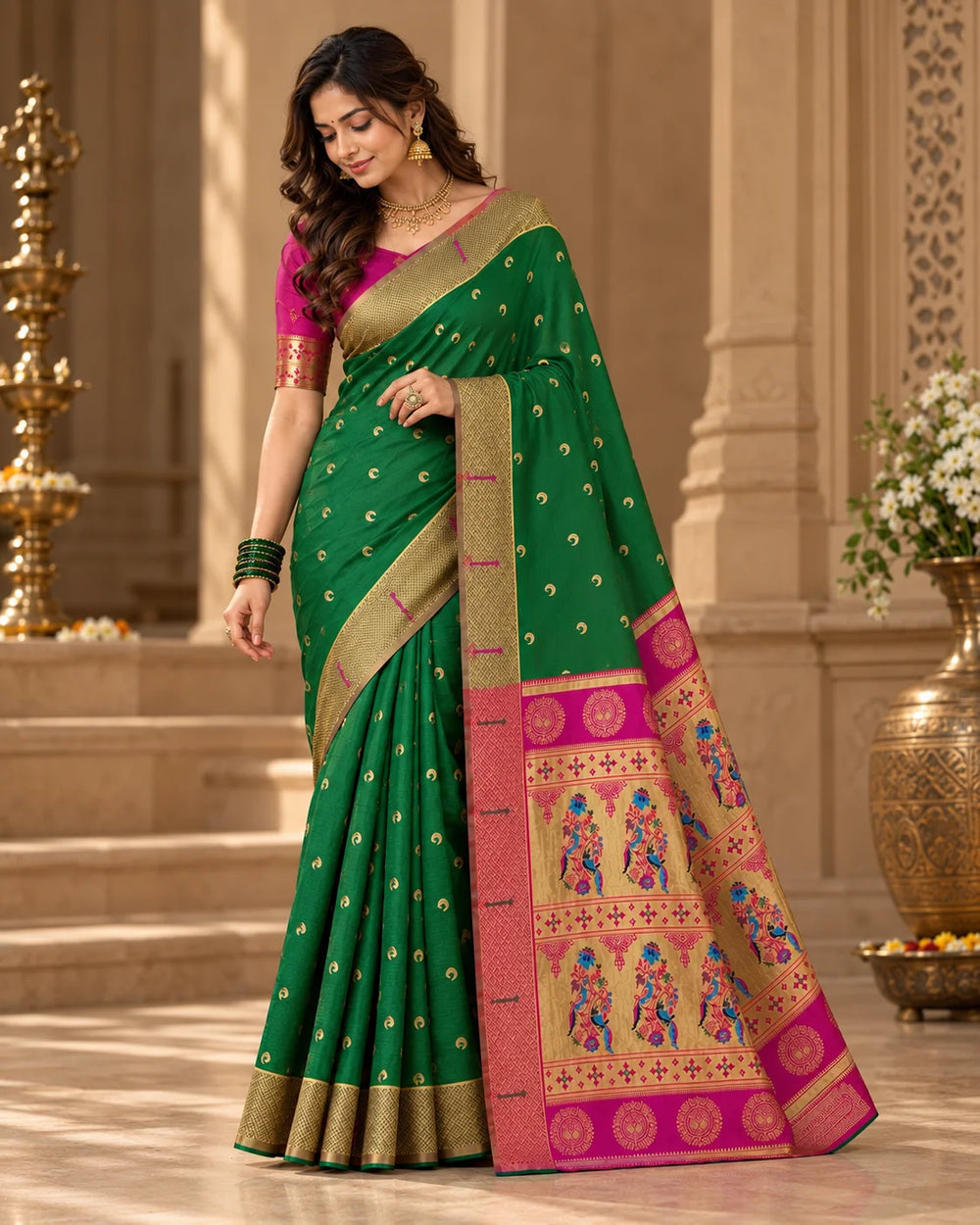 Elegant Bottle Green & Pink Woven Saree with Golden Motifs, Zari Border & Designer Peacock Pallu