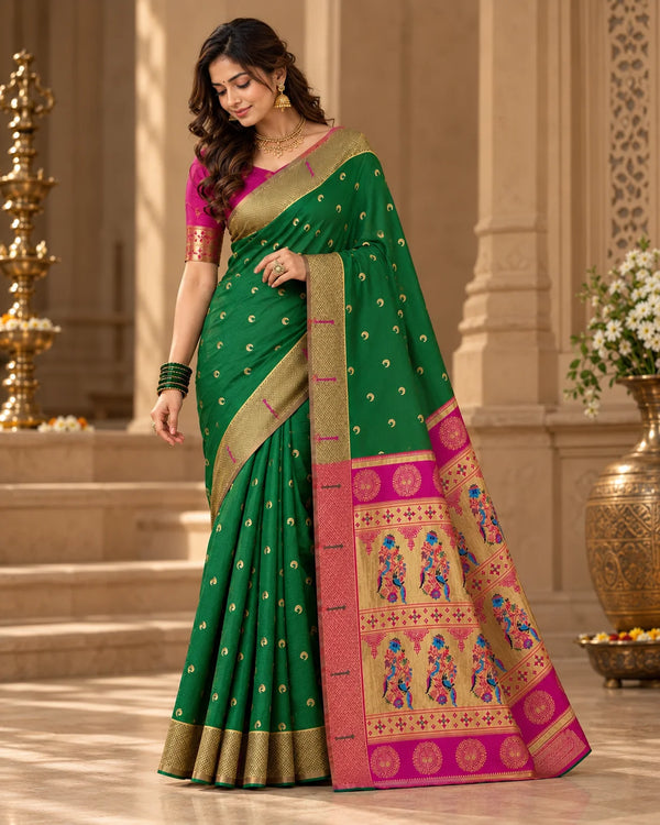 Elegant Bottle Green & Pink Woven Saree with Golden Motifs, Zari Border & Designer Peacock Pallu