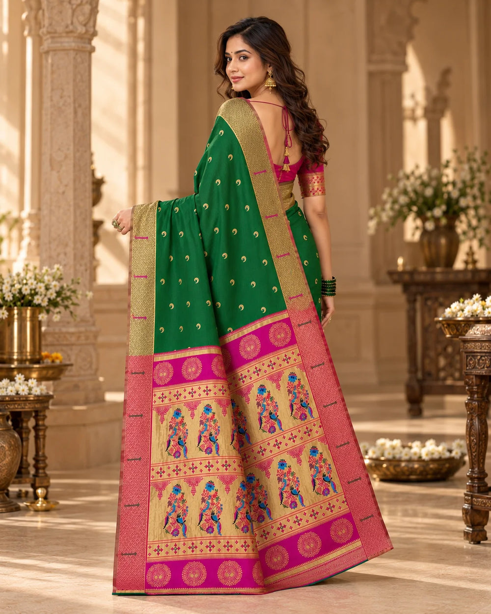 Elegant Bottle Green & Pink Woven Saree with Golden Motifs, Zari Border & Designer Peacock Pallu