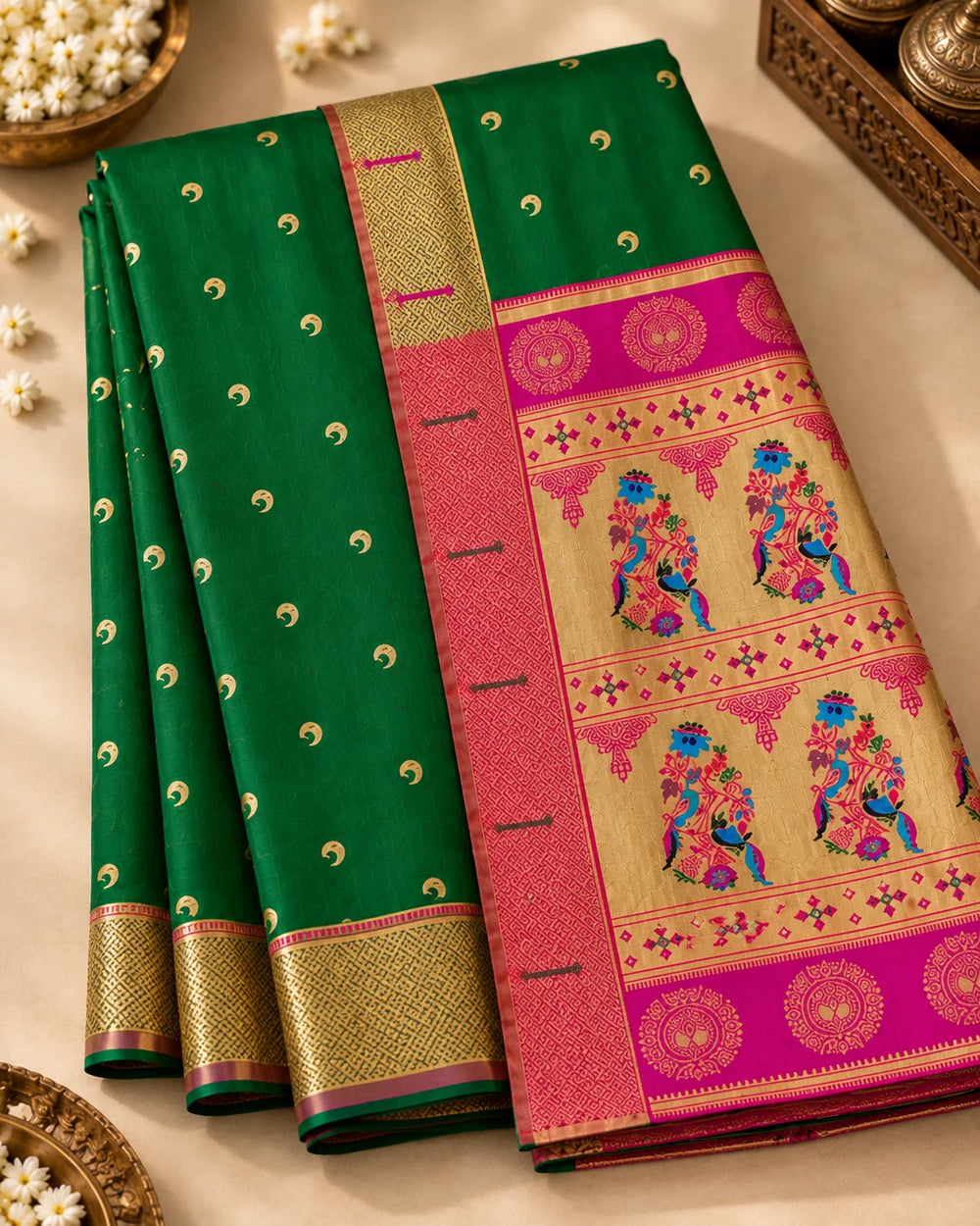Elegant Bottle Green & Pink Woven Saree with Golden Motifs, Zari Border & Designer Peacock Pallu