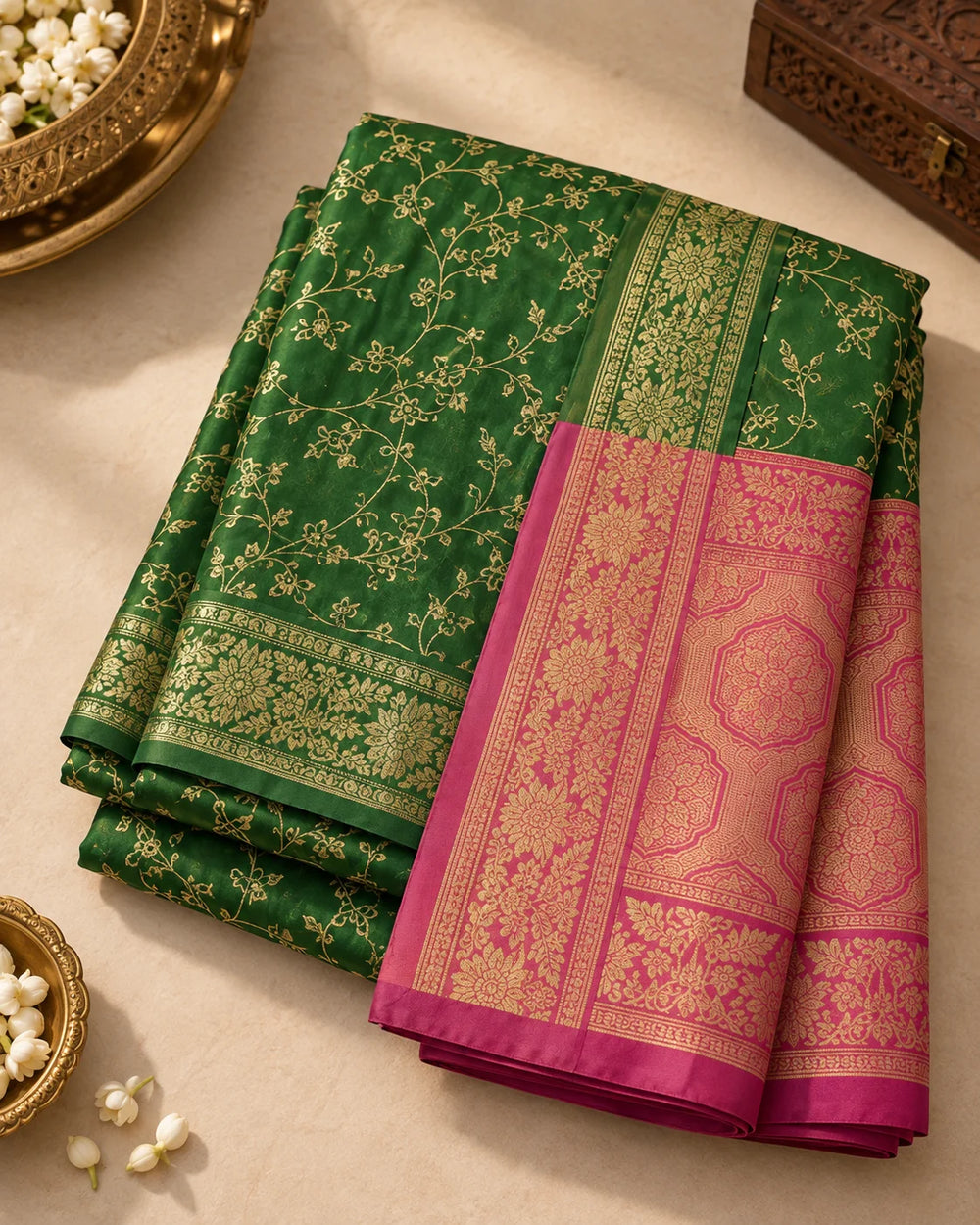 Emerald Green & Blush Pink Woven Silk Saree