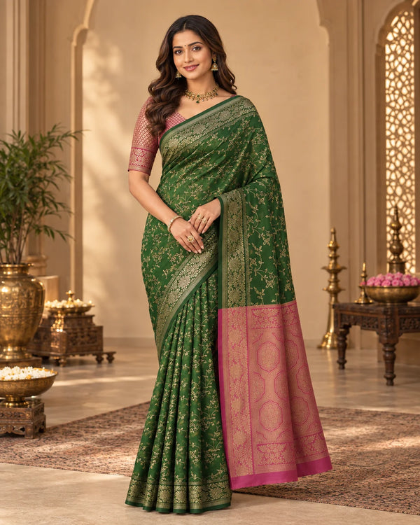 Emerald Green & Blush Pink Woven Silk Saree