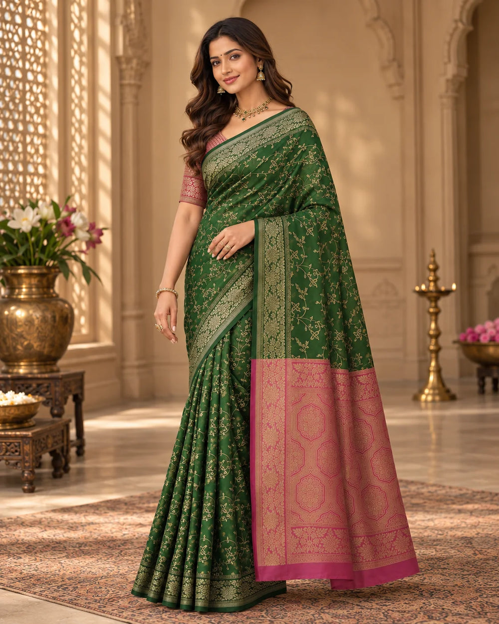 Emerald Green & Blush Pink Woven Silk Saree