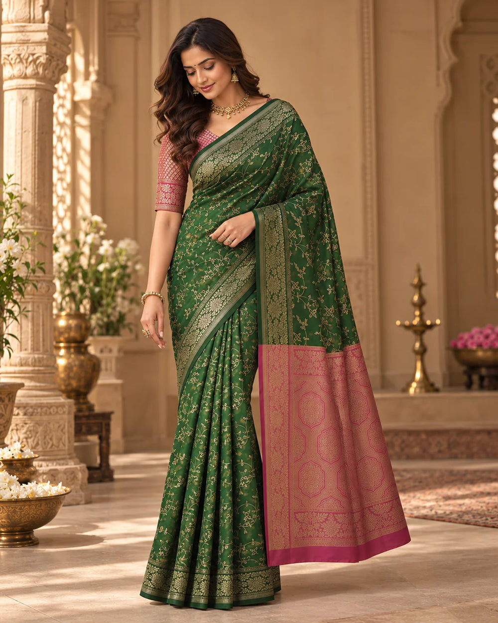 Emerald Green & Blush Pink Woven Silk Saree