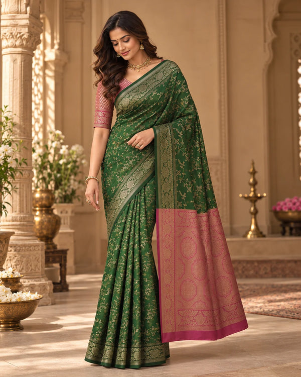 Emerald Green & Blush Pink Woven Silk Saree