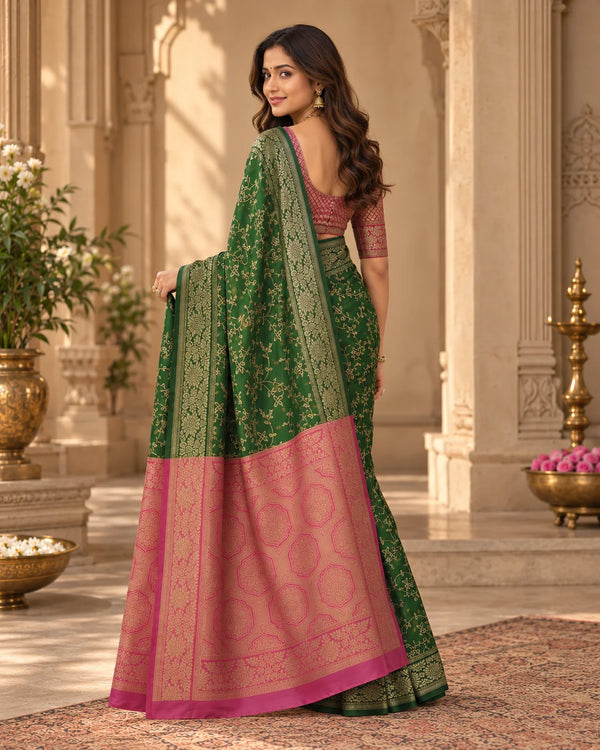 Emerald Green & Blush Pink Woven Silk Saree