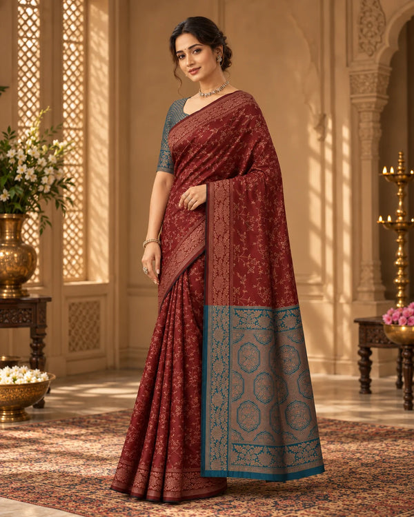 Maroon & Teal Blue Woven Silk Saree