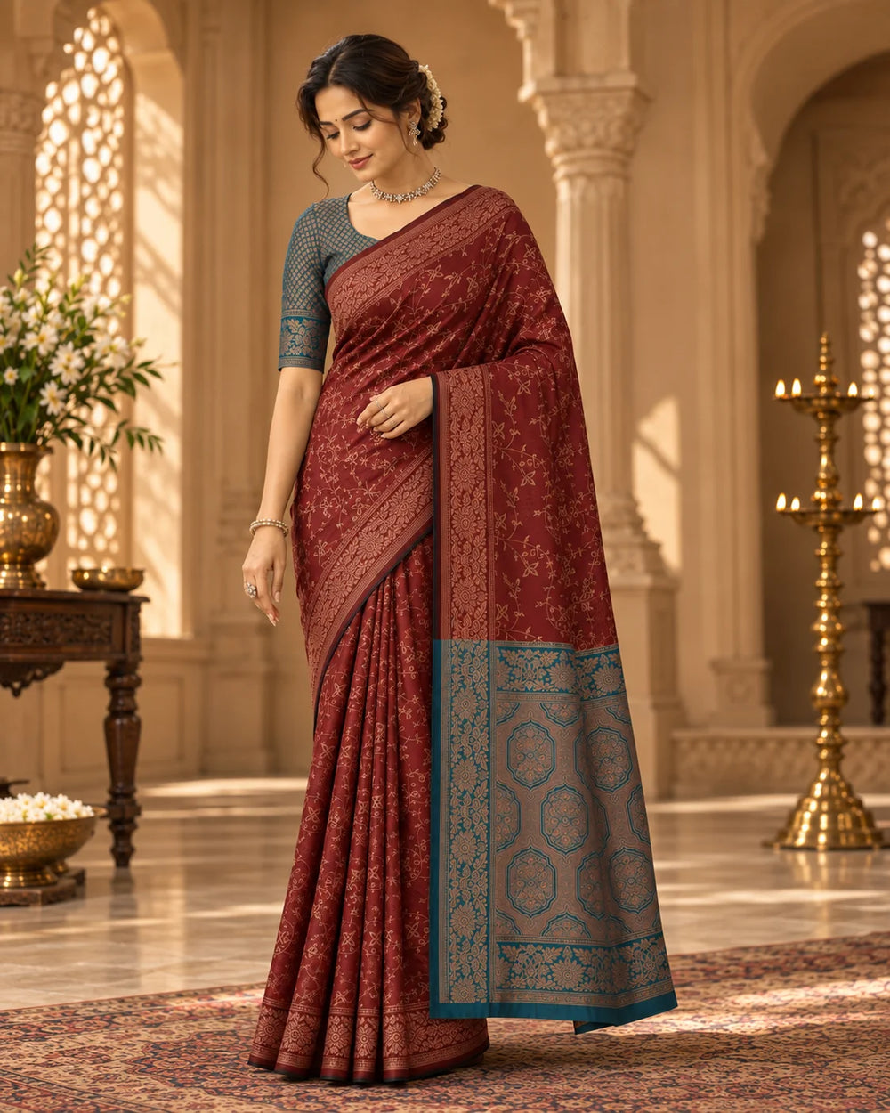 Maroon & Teal Blue Woven Silk Saree