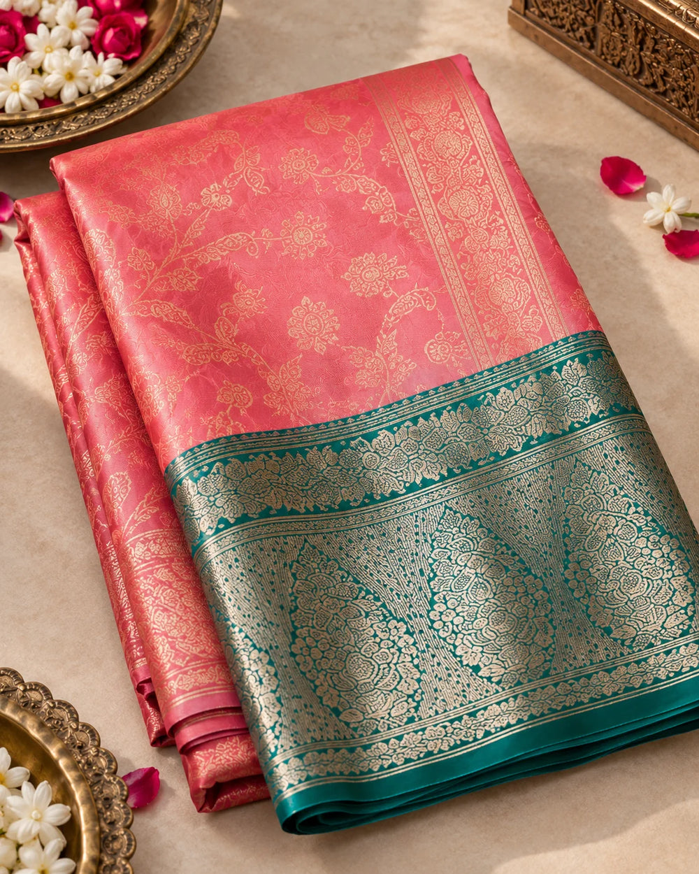 Coral Pink & Teal Woven Saree with Gold Paisley Motifs & Traditional Pallu