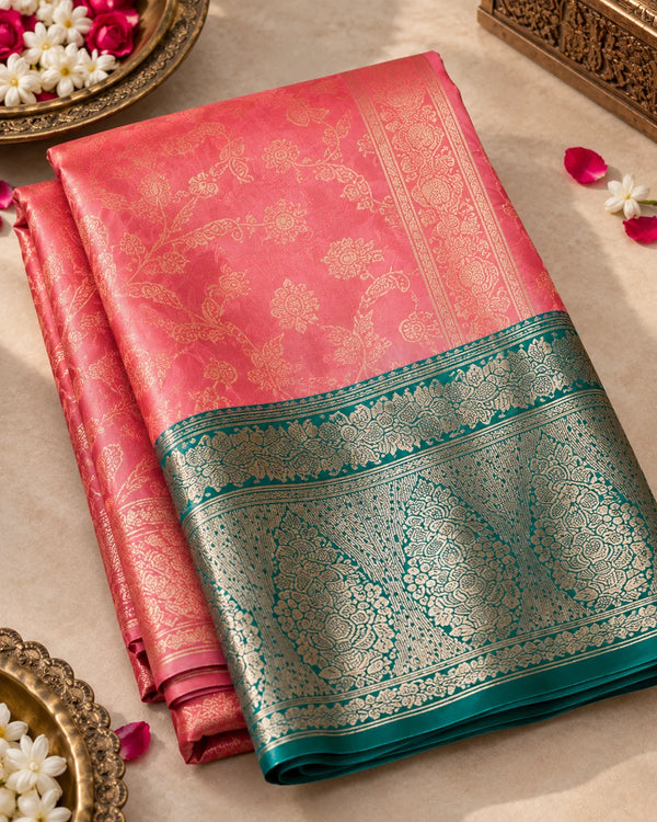 Coral Pink & Teal Woven Saree with Gold Paisley Motifs & Traditional Pallu
