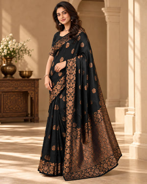 Elegant Black Banarasi Art Silk Saree with Copper Zari Floral Border & Pallu