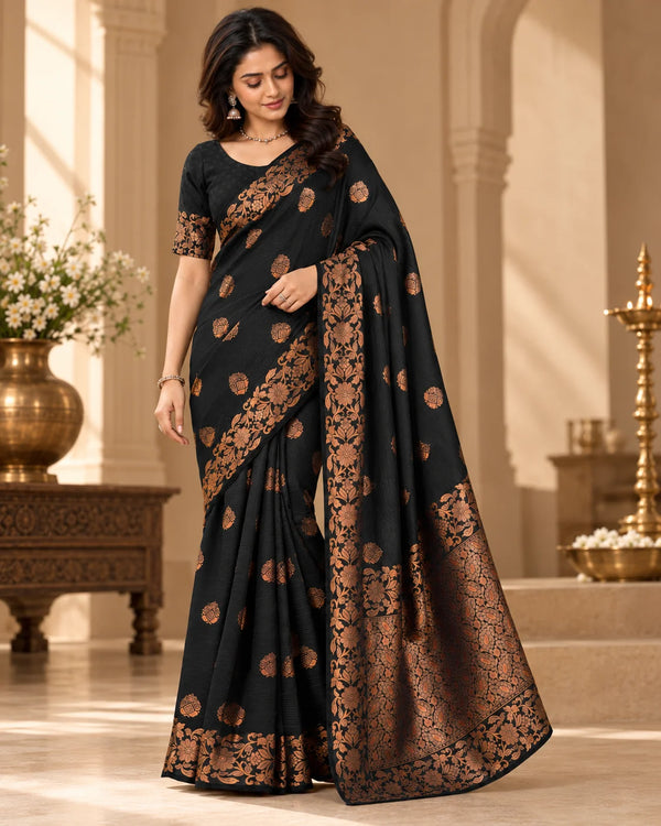 Elegant Black Banarasi Art Silk Saree with Copper Zari Floral Border & Pallu