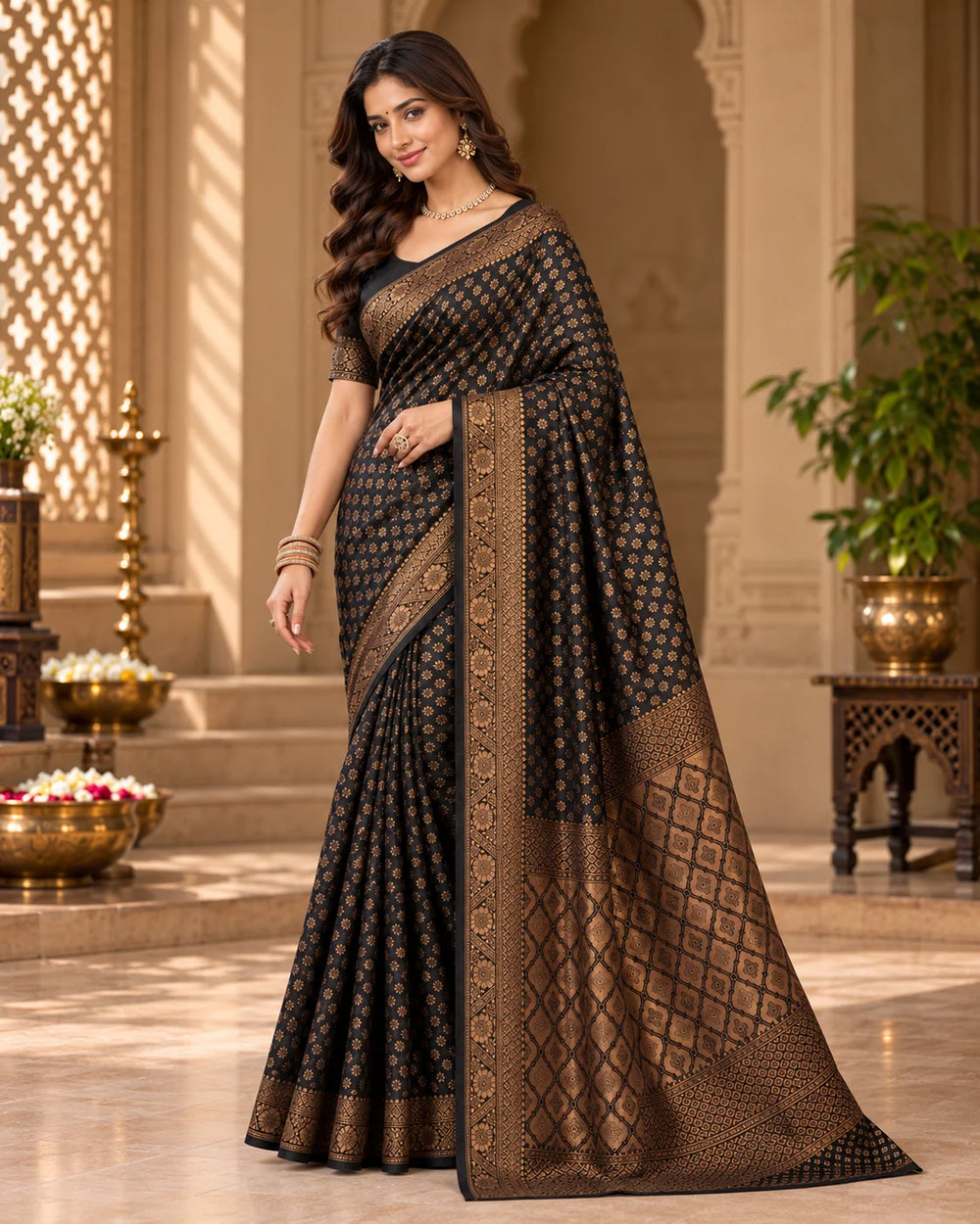 Elegant Black Woven Silk Saree with Intricate Golden Floral & Traditional Motifs