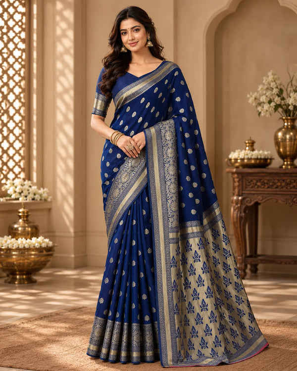 Royal Blue Woven Silk Saree with Silver-Gold Floral Motifs & Contrasting Designer Pallu