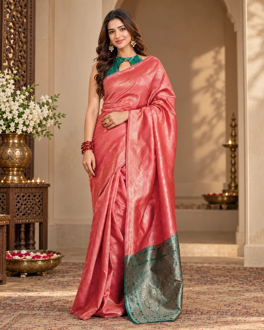 Coral Pink & Teal Woven Saree with Gold Paisley Motifs & Traditional Pallu