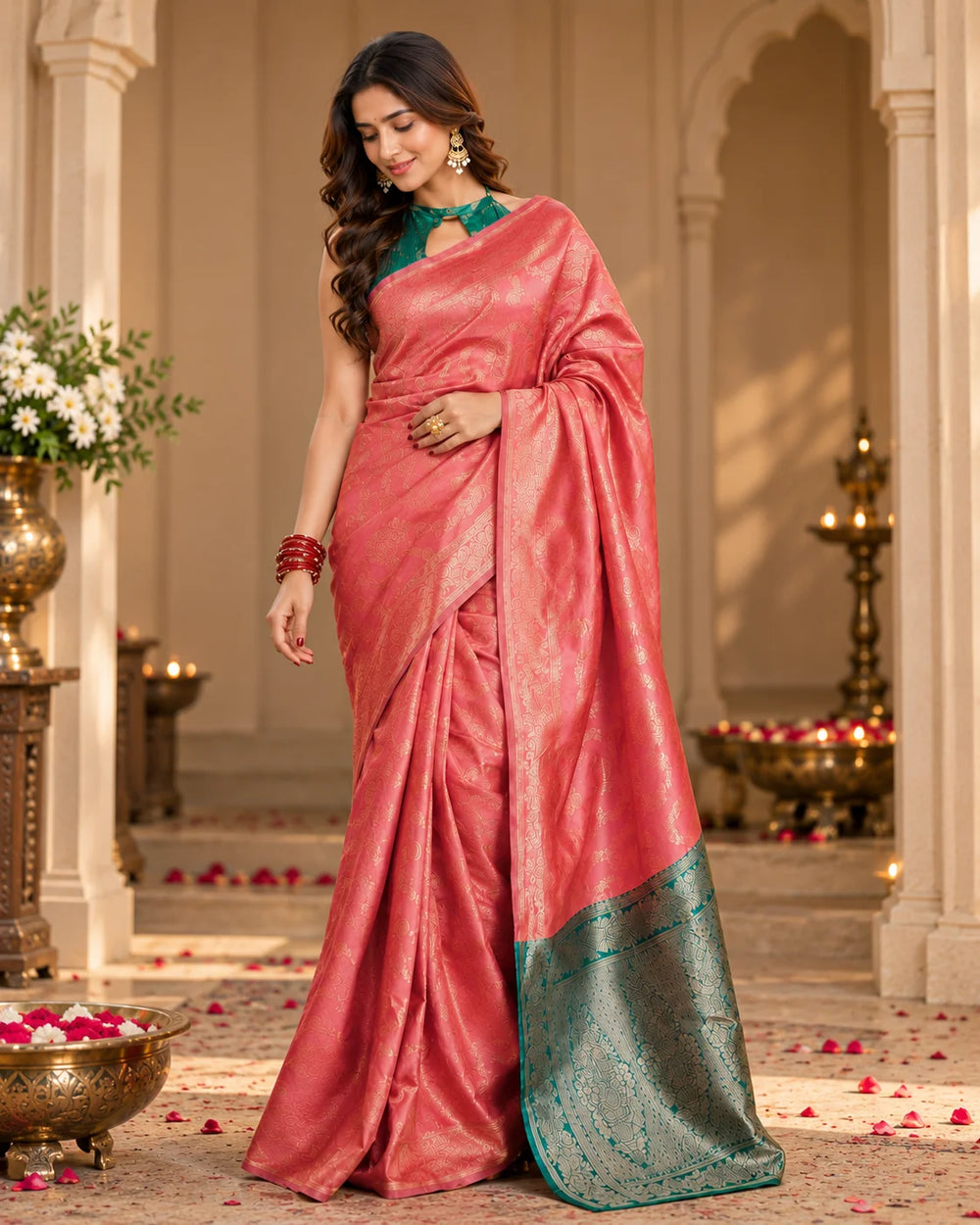 Coral Pink & Teal Woven Saree with Gold Paisley Motifs & Traditional Pallu