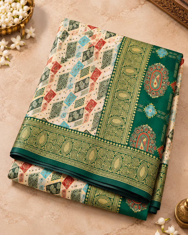 Ivory Cream & Emerald Green Designer Traditional Saree
