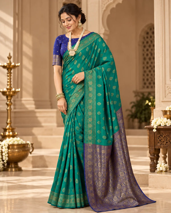 Teal Green & Royal Blue Banarasi Zari Buti Saree