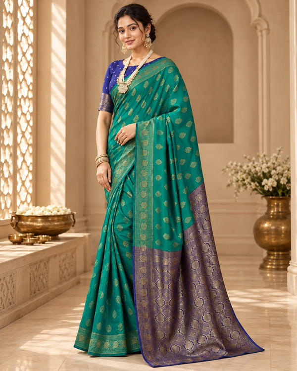 Teal Green & Royal Blue Banarasi Zari Buti Saree