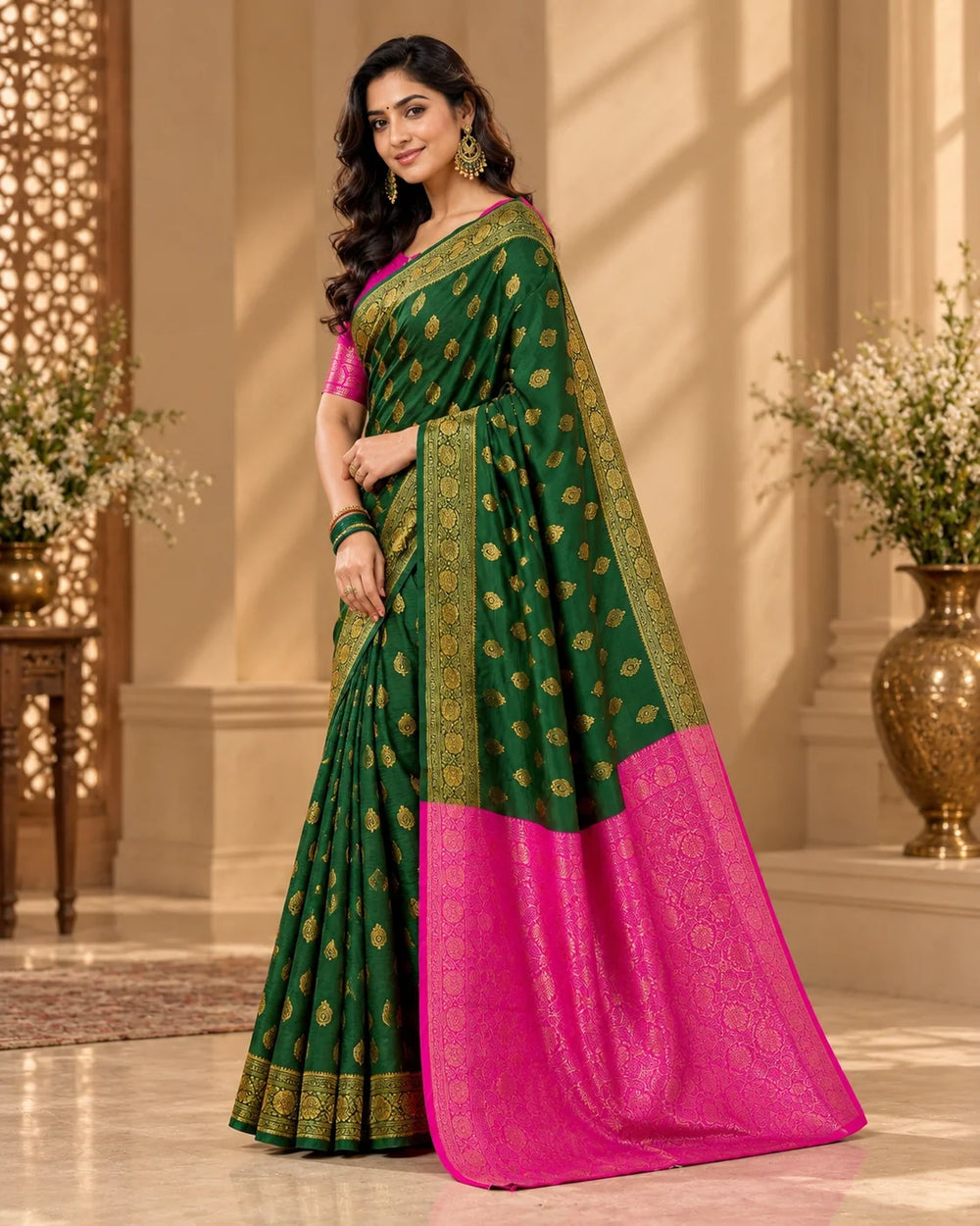Emerald Green & Rani Pink Banarasi Art Silk Saree with Zari Motifs and Designer Pallu