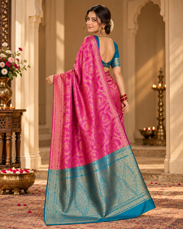 Fuchsia Pink & Teal Woven Silk Saree with Gold Floral Motifs & Traditional Pallu