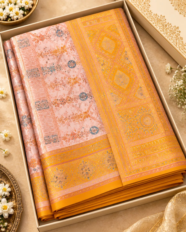 Blush Peach & Mustard Gold Designer Printed Saree