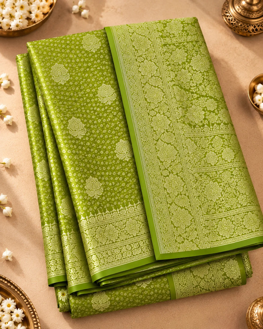 Olive Green Woven Silk Saree with Intricate Floral Motifs & Traditional Border