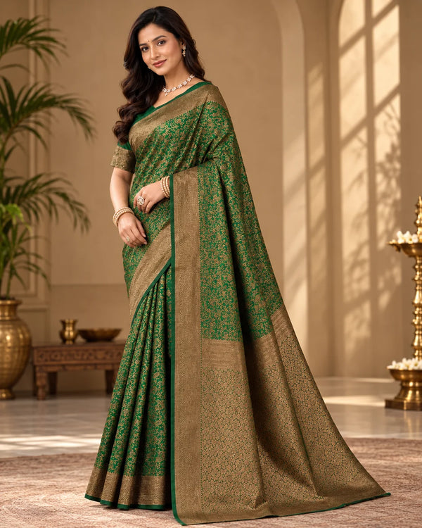 Elegant Emerald Green Woven Saree with Intricate Golden Floral Motifs & Rich Zari Pallu