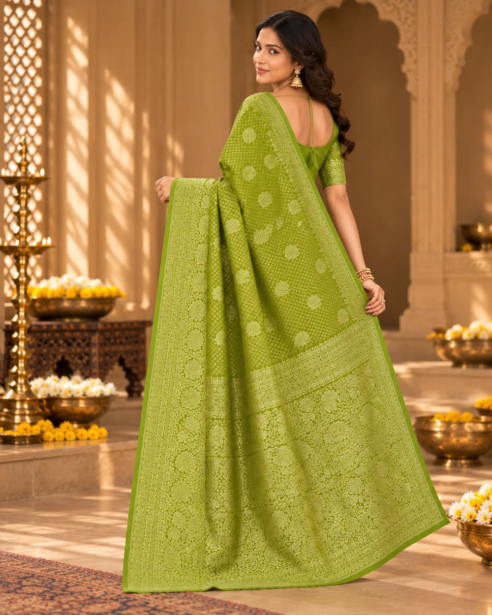 Olive Green Woven Silk Saree with Intricate Floral Motifs & Traditional Border