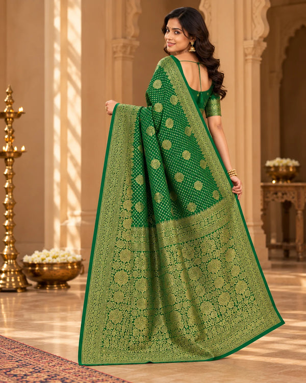 Emerald Green Woven Silk Saree with Intricate Floral Motifs & Rich Gold Border
