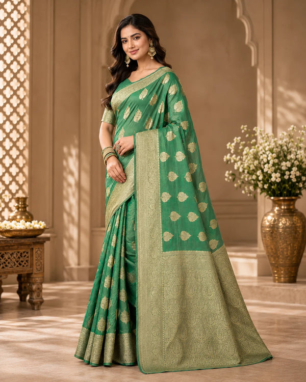 Teal Green Woven Silk Saree with Intricate Gold Motifs & Rich Traditional Border