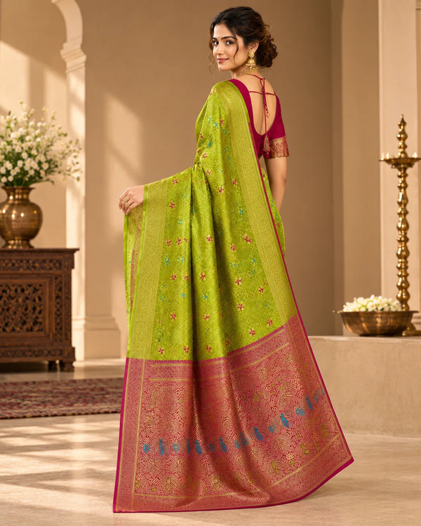 Elegant Green Banarasi Woven Saree with Traditional Floral Motifs & Rich Zari Pallu