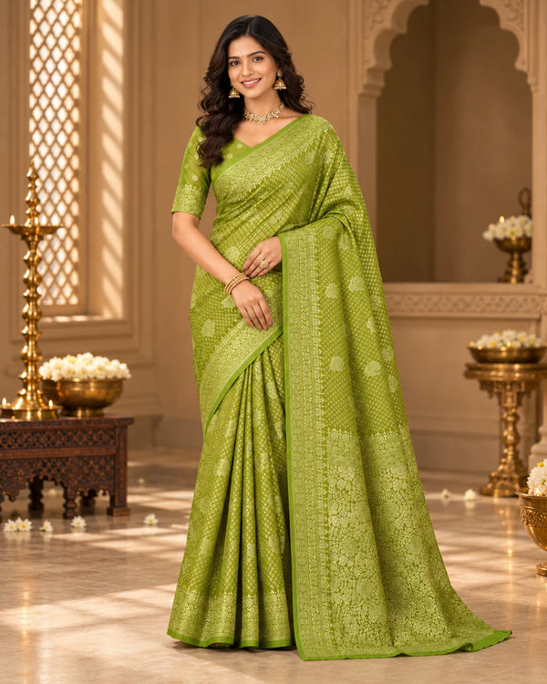 Olive Green Woven Silk Saree with Intricate Floral Motifs & Traditional Border