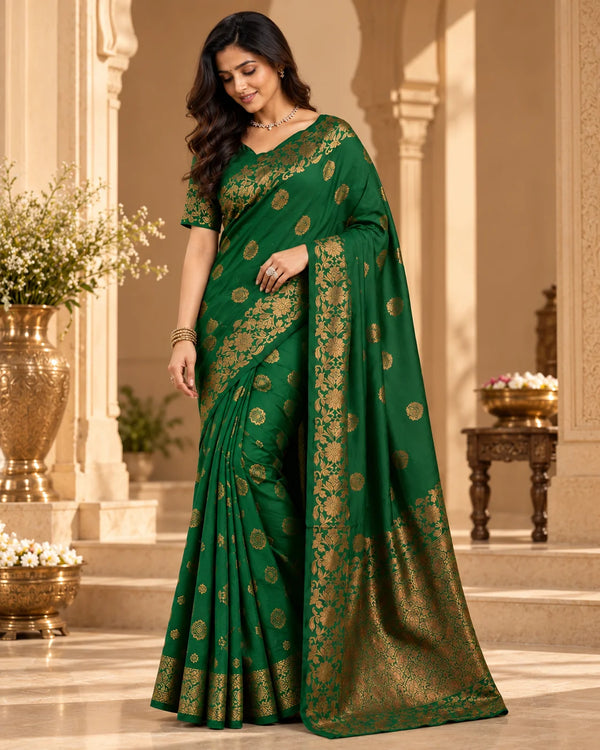 Emerald Green Art Silk Saree with Antique Gold Floral Zari Border & Pallu