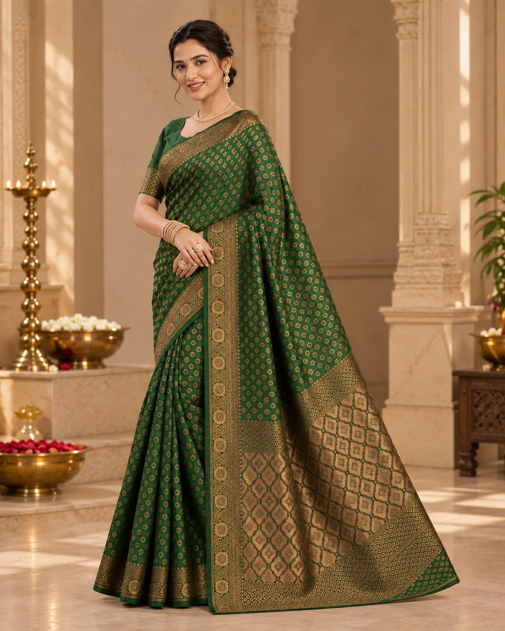 Dark Green Woven Silk Saree with Intricate Floral Motifs & Antique Gold Border