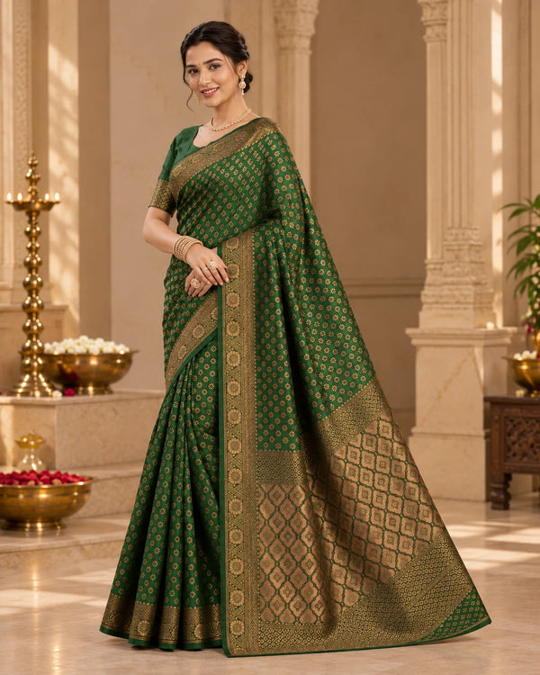 Dark Green Woven Silk Saree with Intricate Floral Motifs & Antique Gold Border