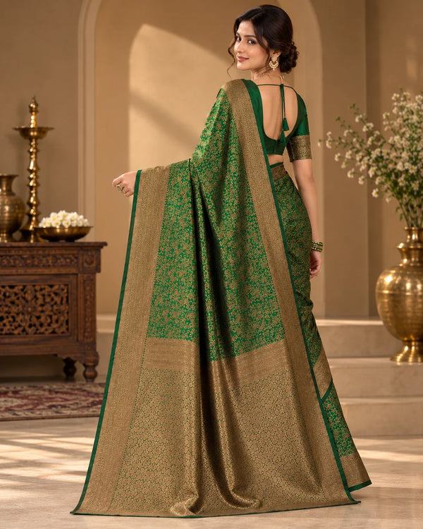 Elegant Emerald Green Woven Saree with Intricate Golden Floral Motifs & Rich Zari Pallu
