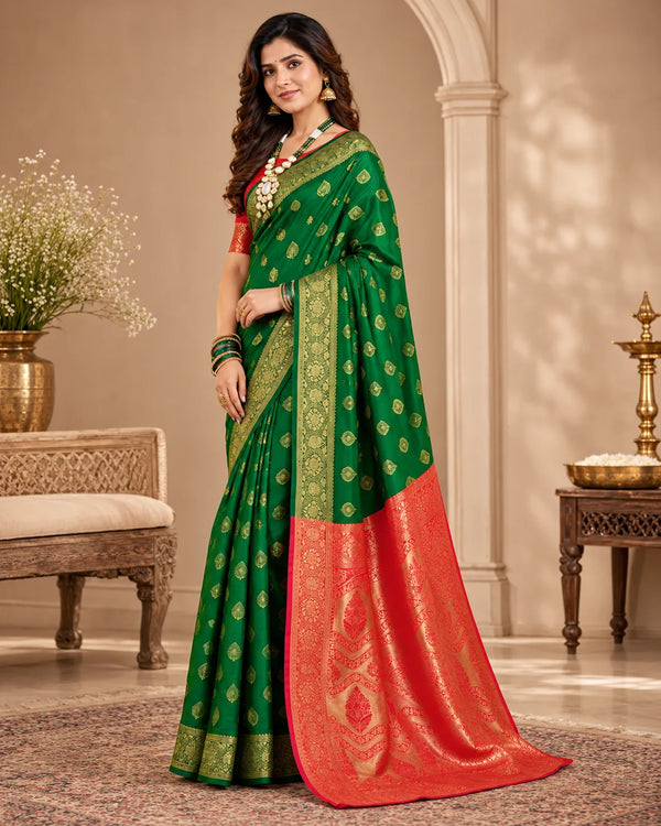 Emerald Green & Red Banarasi Zari Buti Saree