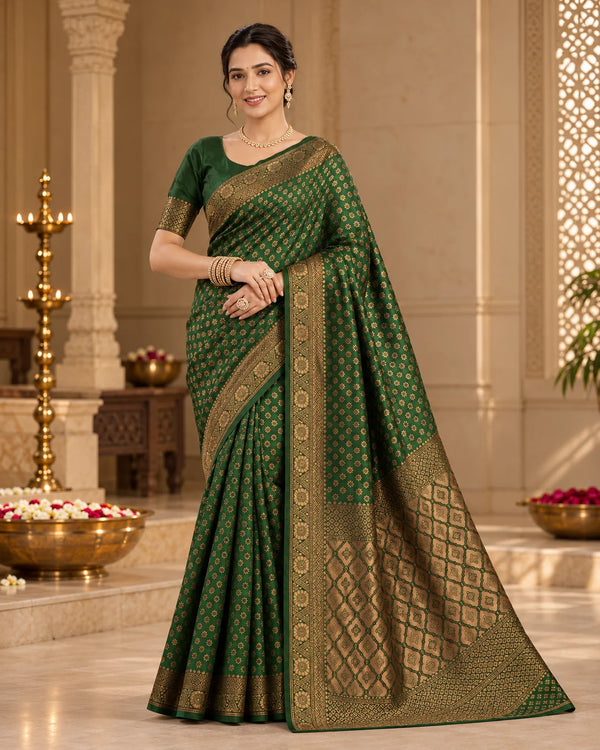 Dark Green Woven Silk Saree with Intricate Floral Motifs & Antique Gold Border