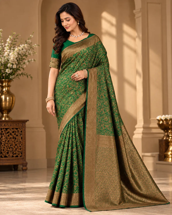 Elegant Emerald Green Woven Saree with Intricate Golden Floral Motifs & Rich Zari Pallu
