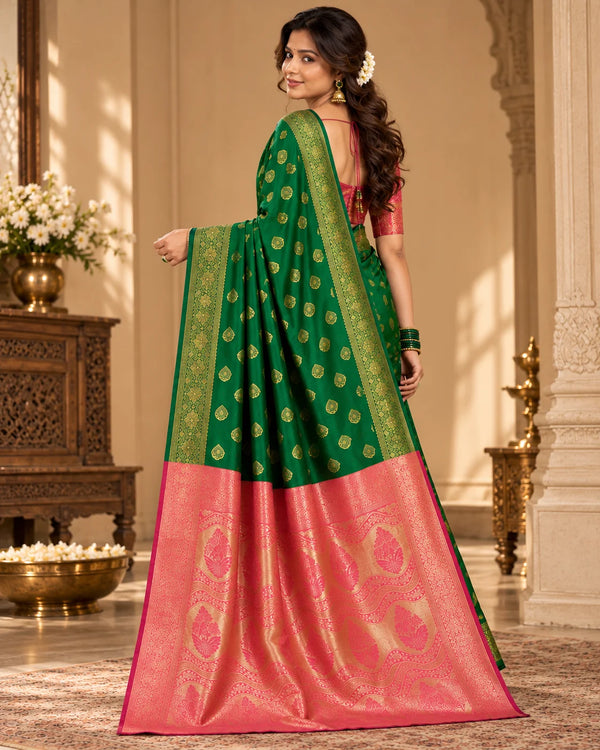 Emerald Green & Blush Pink Banarasi Zari Motif Saree