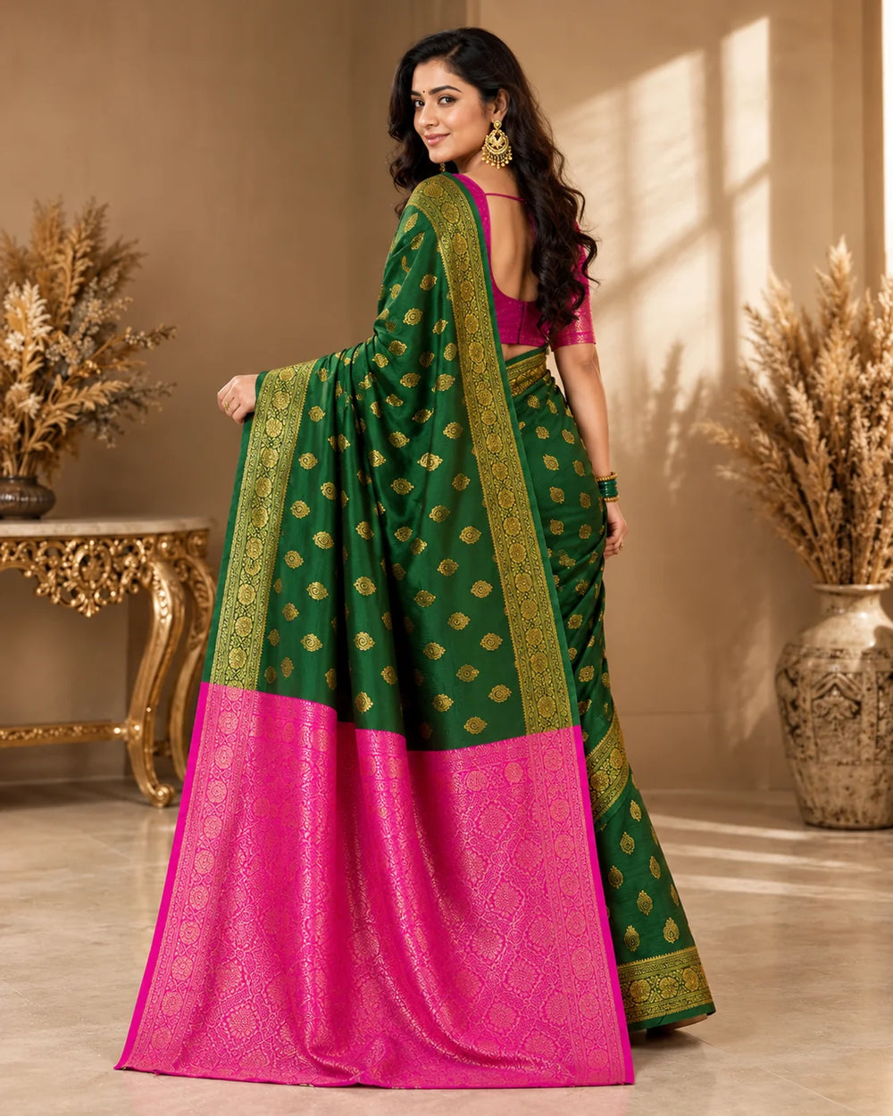 Bottle Green & Magenta Banarasi Style Art Silk Saree with Rich Gold Woven Motifs